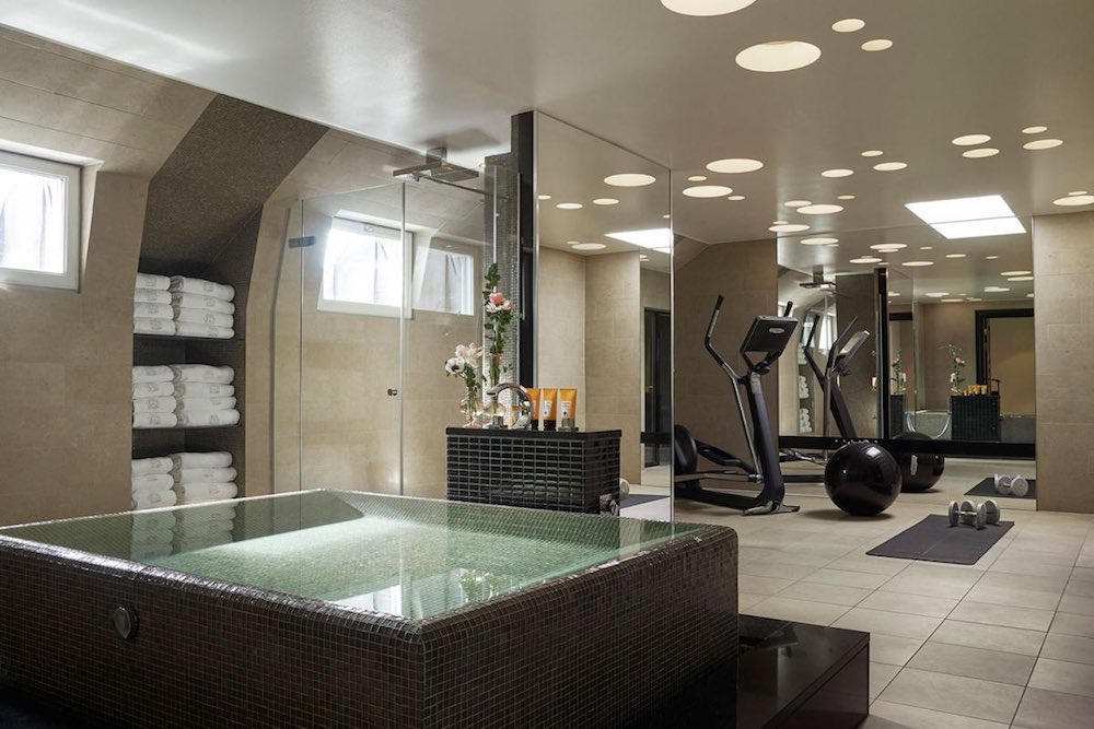 Bathroom Spa area of the Princess Lilian Suite, on the top floor of the Grand Hotel Stockholm with exercise equipment.